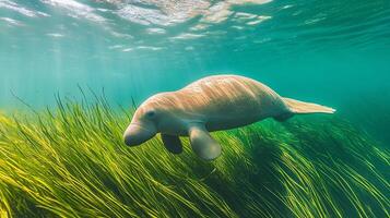 Dugong swimming through vibrant underwater seagrass bed gentle movements creating soft ripples illuminated by sunlight filtering through turquoise water captured with a wide angle underwater lens photo