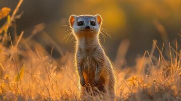 Dwarf mongoose standing alert tall grass its small frame and curious expression catching warm afternoon light captured with a telephoto lens for sharp focus against a blurred background photo