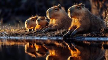 Family of capybaras lounging the edge of a riverbank their reflections shimmering in the water under the soft hues of twilight captured with a telephoto lens for natural detail photo
