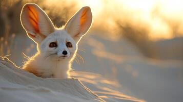 Fennec fox peering out a sandy burrow at sunset its large ears glowing softly under the golden light surrounded by rippling dunes captured with a low angle telephoto lens for immersive realism photo