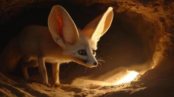 Fennec fox emerging its burrow in the Sahara Desert at twilight its large ears backlit to highlight their translucence captured with a low angle lens for an intimate perspective photo