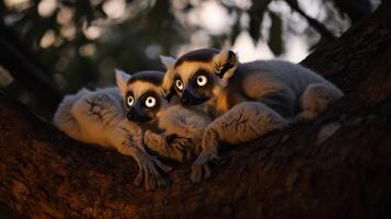 Family of lemurs huddled together a tree branch at dawn their large reflective eyes glowing softly in the low light captured with a shallow depth of field to focus on their bond photo