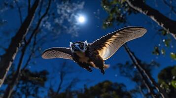 Flying lemur gliding between trees under moonlit sky its outstretched membrane glowing softly in the pale light captured with a low light telephoto lens for a dramatic nocturnal view photo