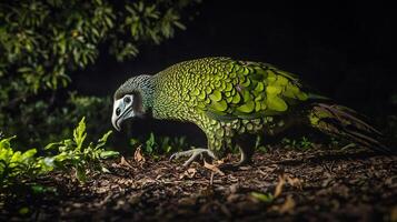 Flightless kakapo walking along forest floor at dusk its moss green feathers blending with the undergrowth captured with a low light telephoto lens to emphasize its nocturnal behavior photo