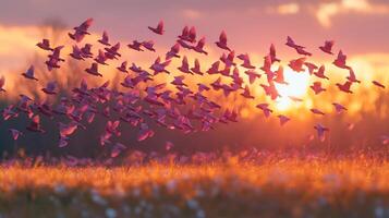 Flock of rosy starlings flying intricate formations over a golden meadow their synchronized movement glowing in the warm light of sunset captured with a wide angle lens for expansive focus photo