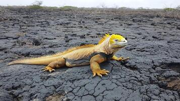 Galpagos land iguana basking a black volcanic rock its bright yellow skin contrasting with the barren landscape captured with a low angle lens for dramatic perspective photo