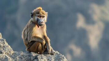Gelada baboon sitting a rocky cliff in the Ethiopian Highlands its thick golden mane and expressive eyes illuminated by soft morning light captured with a telephoto lens for emotional depth photo