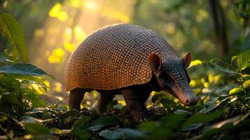Giant armadillo walking through sunlit clearing Amazon rainforest its armored body glowing under dappled light surrounded by lush greenery captured with a low angle telephoto lens for vivid detail photo