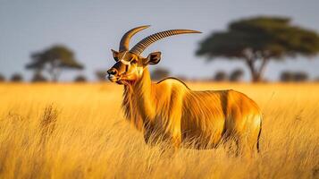 Giant eland standing majestically tall grass of African savannah spiraled horns glowing under soft light of dawn distant acacia trees framing scene captured with a telephoto lens for regal focus photo