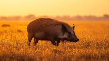 Giant forest hog grazing an open African savanna at dusk its massive frame illuminated by warm golden light surrounded by tall grass captured with a telephoto lens for majestic wildlife detail photo