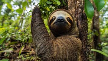 Giant ground sloth reaching up feed on leaves from a tall tree in a vibrant rainforest clearing its massive frame glowing under warm midday light captured with a telephoto lens for majestic focus photo