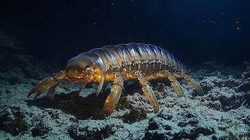 Giant isopod crawling across dark rocky seabed in the deep ocean its armored body illuminated by faint bioluminescent light captured with a macro lens for eerie close up realism photo