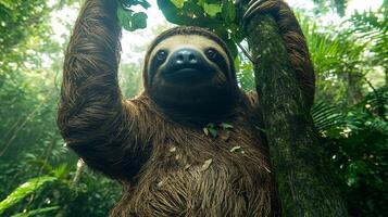 Giant ground sloth reaching up strip leaves tall tree in a lush prehistoric rainforest its massive frame glowing under scattered sunlight captured with a wide angle lens for a dramatic perspective photo