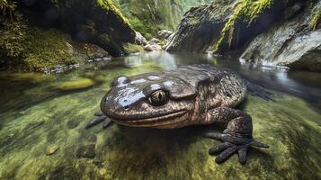 Giant salamander resting a clear mountain stream its textured skin blending with the mossy rocks captured with a low angle lens to highlight its ancient almost mythical appearance photo