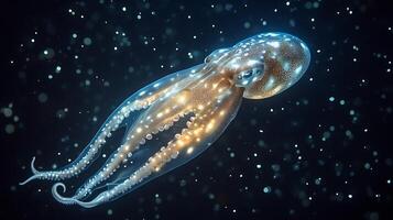 Giant squid floating gracefully dark ocean depths its tentacles trailing behind as faint bioluminescent light reflects off its sleek body captured with an underwater macro lens for haunting detail photo