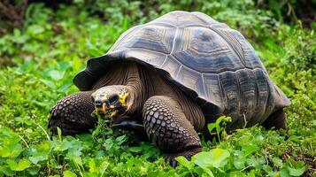 Giant tortoise slowly grazing lush green vegetation in a sunlit Galpagos meadow its ancient shell and serene demeanor in full focus captured with a telephoto lens for precise detail photo