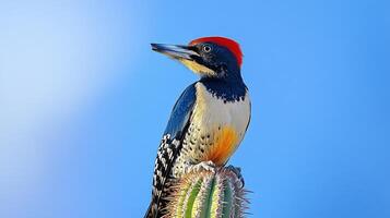 Gila woodpecker perched a tall saguaro cactus in the Arizona desert its colorful plumage standing out against the blue sky captured with a telephoto lens for sharp contrast photo