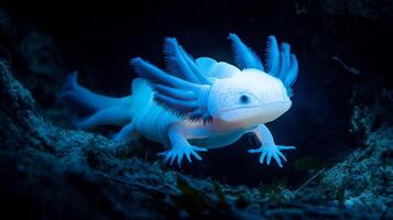 Glowing white axolotl navigating through dark underwater cave its delicate gills illuminated by soft blue light captured with a macro lens for close up precision photo