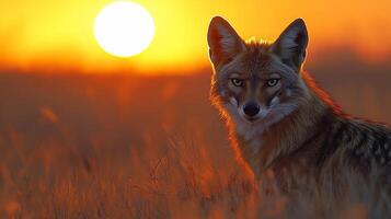 Golden jackal stalking prey tall grass under a vibrant sunset its sharp features illuminated by warm light captured with a telephoto lens for intense focus photo