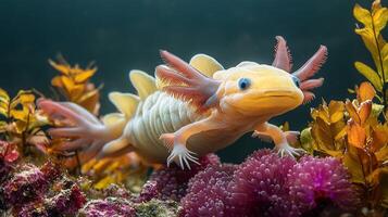 Golden axolotl floating near vibrant aquatic plants delicate gills highlighted by soft underwater lighting captured with a macro lens for vivid close up focus photo