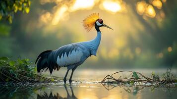 Gray crowned crane standing elegantly a lush wetland its golden crest glowing in soft morning light surrounded by reflective water and reeds captured with a telephoto lens for serene composition photo