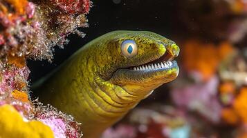Green moray eel peering out colorful coral crevice its body partially hidden while its sharp teeth and bright eyes are illuminated by natural underwater light captured with a telephoto macro lens photo