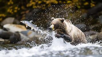 Grizzly bear standing a rushing river during salmon season mid action as it catches a leaping fish with water droplets frozen in motion captured using a telephoto lens for precise wildlife details photo