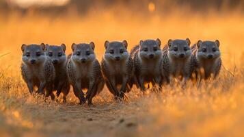 Group of banded mongooses foraging golden savannah grass their sleek bodies highlighted by the soft glow of sunset captured with a telephoto lens for dynamic group action photo