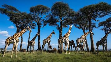 Group of giraffes grazing peacefully tall acacia trees in the African savanna under a clear blue sky captured with a wide angle lens to include the expansive landscape photo