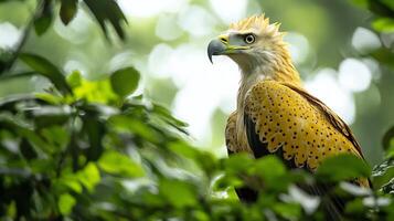 Harpy eagle perched high the jungle canopy its sharp beak and fierce gaze framed by vibrant green leaves captured with a telephoto lens for powerful subject focus photo