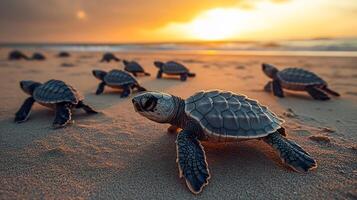 Group of sea turtle hatchlings making their way across sandy beach toward the ocean under the golden hues of sunrise captured with a low angle lens for intimate perspective photo