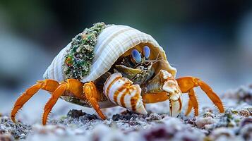 Hermit crab moving slowly across rocky shoreline its shell decorated with algae and small coral fragments captured with a low angle macro lens for intricate close up focus photo