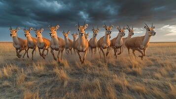 Herd of saiga antelope running across windswept steppe under a stormy sky their distinct noses glowing softly in the fading light captured with a telephoto lens for dynamic energy photo