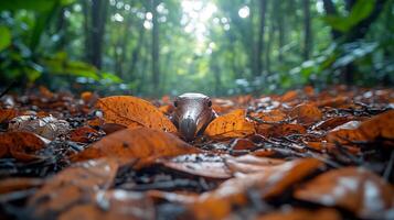 Hispaniolan solenodon foraging dense leaf litter on a tropical forest floor its pointed snout and small frame highlighted by soft morning light captured with a macro lens for intimate realism photo