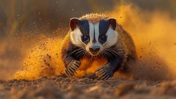 Honey badger digging furiously dry savanna soil its powerful claws throwing dust into the golden air captured with a high speed telephoto lens for dynamic action photo