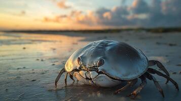 Horseshoe crab crawling along sandy shoreline at low tide its shell reflecting the warm hues of sunset captured with a low angle macro lens for intimate focus photo