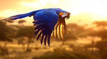 Hyacinth macaw mid flight over tropical savanna its bright blue feathers illuminated against the setting sun using panning techniques to blur the background and emphasize motion photo