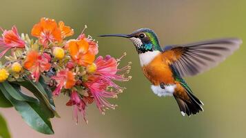 Horned sungem hummingbird hovering mid air near cluster of vibrant flowers its iridescent feathers catching the warm light of dawn captured with a high speed telephoto lens for dynamic focus photo