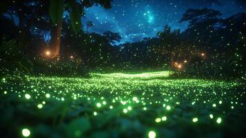 Jungle clearing illuminated countless glowing fireflies under a canopy of stars their soft green light creating a magical ambiance captured with a low light wide angle lens for immersive detail photo