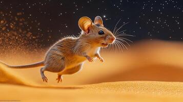 Kangaroo rat leaping across sandy desert under a starry sky its small frame frozen mid air illuminated by soft moonlight captured with a high speed telephoto lens for dynamic motion photo