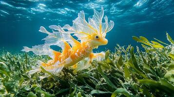 Leafy sea dragon camouflaged perfectly among seagrass shallow waters its delicate appendages swaying gently with the current captured with an underwater macro lens for intricate detail photo