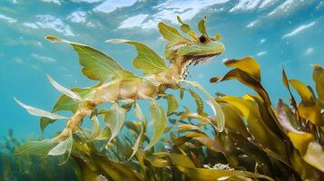 Leafy sea dragon camouflaged among vibrant kelp clear coastal waters its intricate appendages blending seamlessly with its surroundings captured with an underwater macro lens for fine detail photo