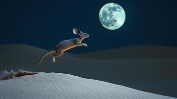 Long eared jerboa leaping across moonlit sand dunes of the Gobi Desert its exaggerated ears catching the soft light captured with a low light macro lens for a dramatic nocturnal shot photo