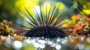 Long spined sea urchin resting a shallow tide pool its delicate spines reflecting sunlight surrounded by colorful algae captured with a macro lens for vivid texture photo