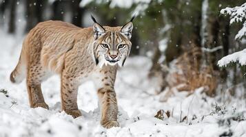 Lynx walking silently through snow covered forest its tufted ears and sharp gaze locked onto unseen prey captured with a telephoto lens for crisp detail and winter ambiance photo