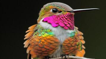 Macro shot of hummingbirds iridescent feathers as it perches on a delicate twig showcasing the intricate details and vibrant colors captured with a macro lens for extreme close up precision photo