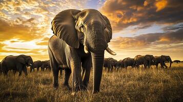 Majestic African elephant leading herd across savanna under a dramatic sky with golden sunlight creating a silhouette effect photographed using a telephoto lens to highlight the scenes grandeur photo