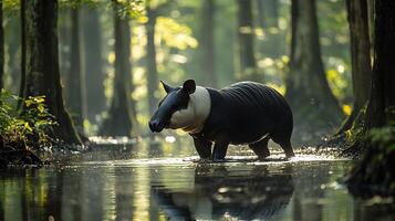 Malayan tapir wading through shallow forest stream black white coat reflected clear water surrounded dappled light filtering through trees captured a low angle telephoto lens for immersive detail photo