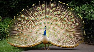 Majestic peacock spreading dazzling tail feathers in a full fan with intricate patterns and vivid colors set against a lush green background captured with a telephoto lens to showcase its beauty photo
