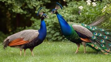 Male female peacock together in a tranquil garden setting with the male displaying his tail feathers in courtship photographed with a shallow depth of field to highlight their contrast photo